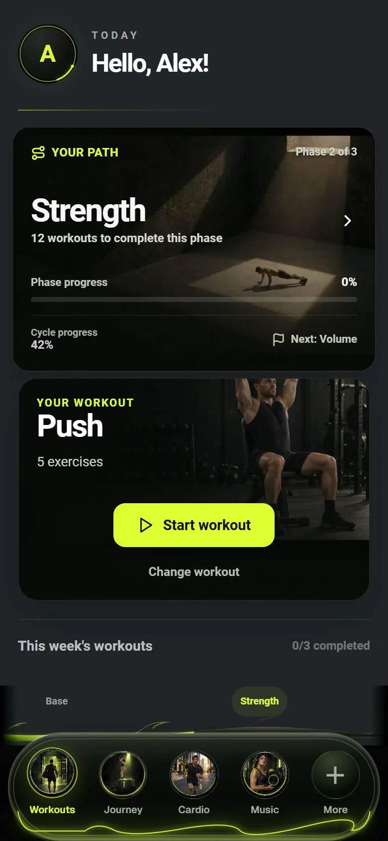 Power Shape app showing animated training cards and your training journey